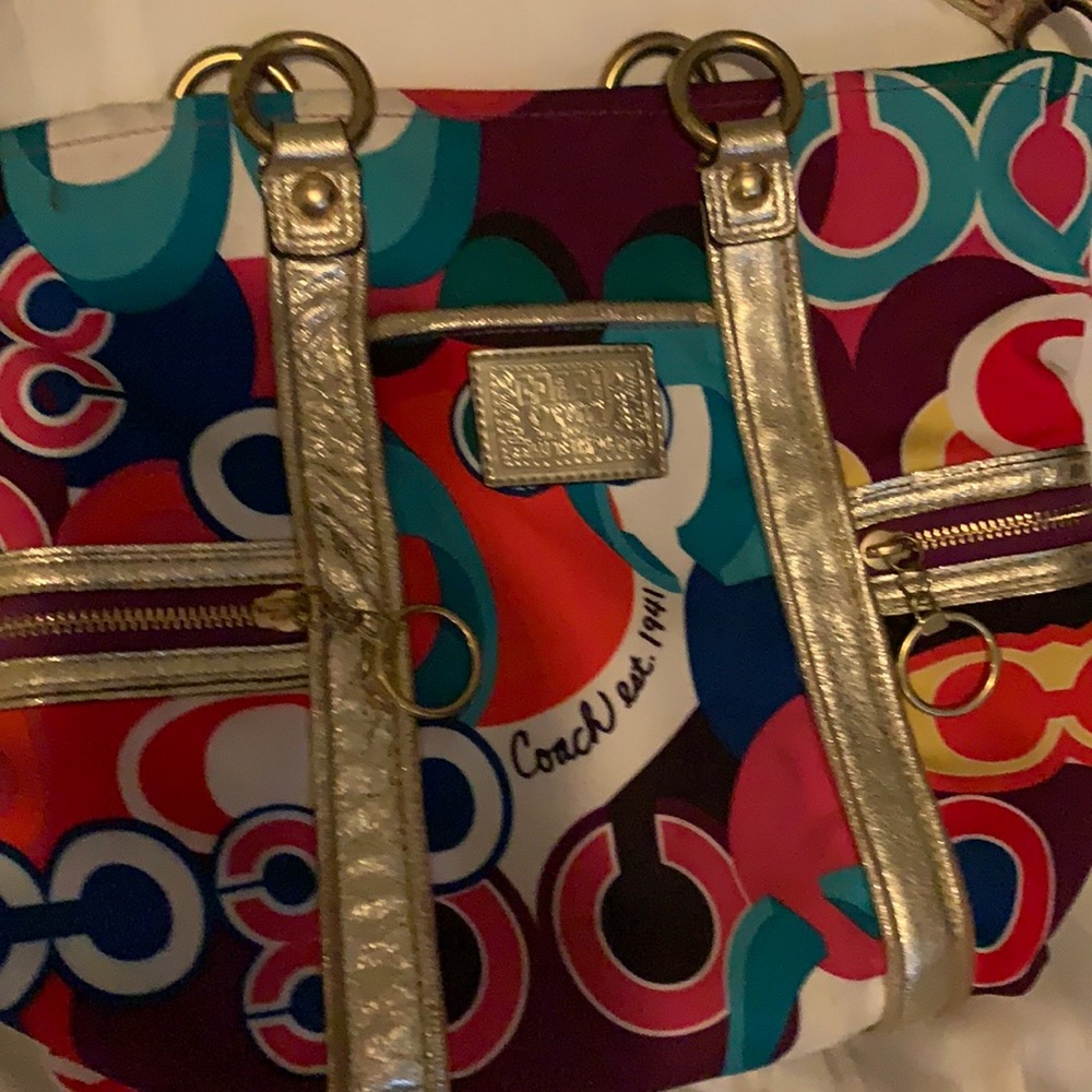 Multicolored coach handbag.